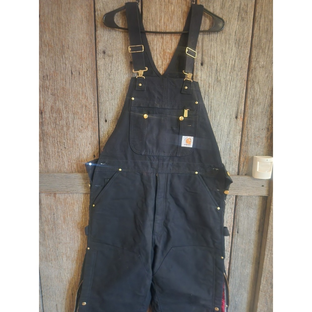 Carhartt Bib Overalls Mens 38x32 Black R41 Insulated Duck Workwear Zip To Waist - Picture 2 of 5